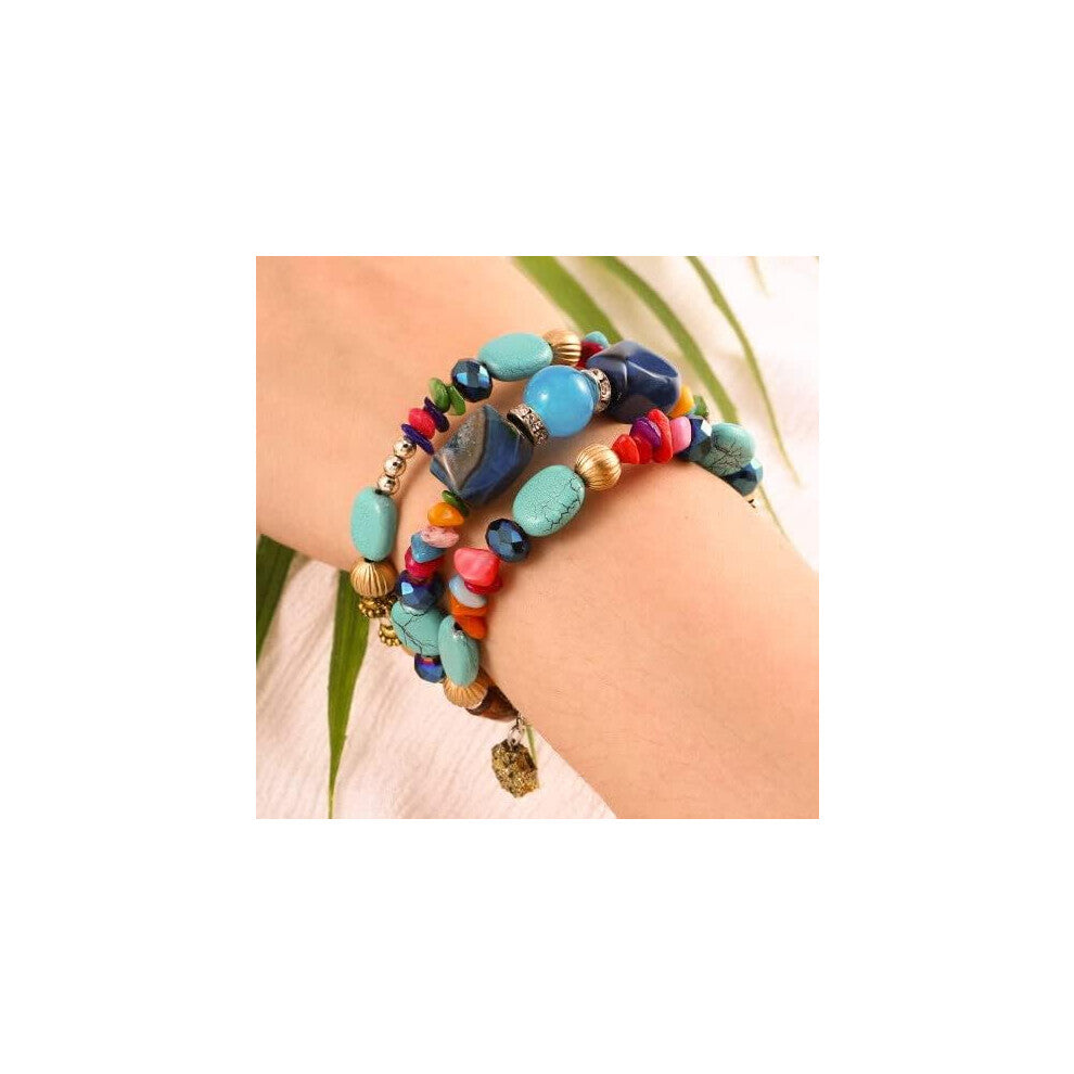 Bracelet Turquoise Perles Superposées Bracelet Élastique Boho Vintage Gravier Turquoise Shell String Bracelet Bijoux en Cristal Dames et Filles