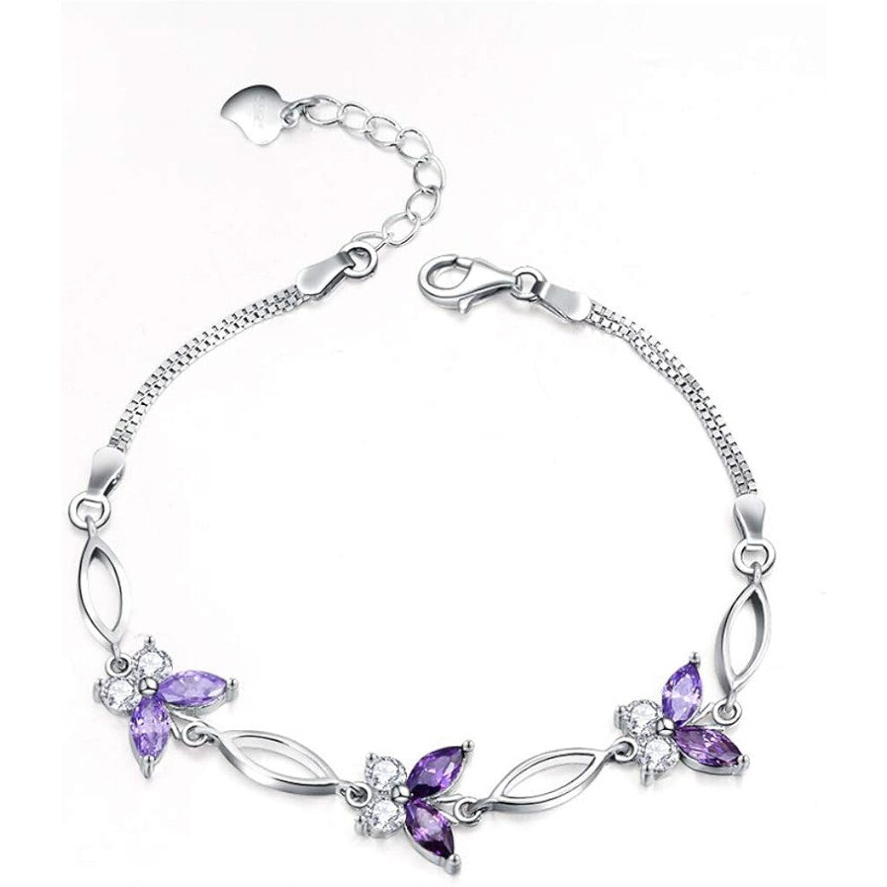 S925 Sterling Silver Women's Purple Butterfly Bracelet, Cute and Charming Wrist Bracelet Jewelry Gift for Women Teen Girls (Purple)