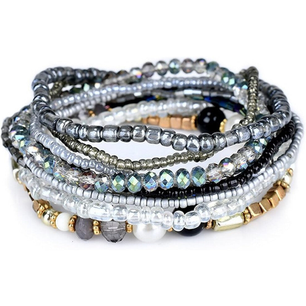 Ladies Stackable Beaded Bracelet Girls Boho Layered Chain Statement Jewelry (Grey)