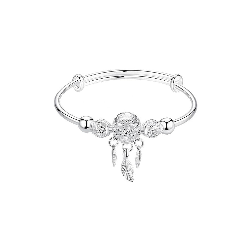 1 Silver charm bracelet with tassels and feathers - Adjustable dream catcher - Trendy and elegant jewelry for women, Silver