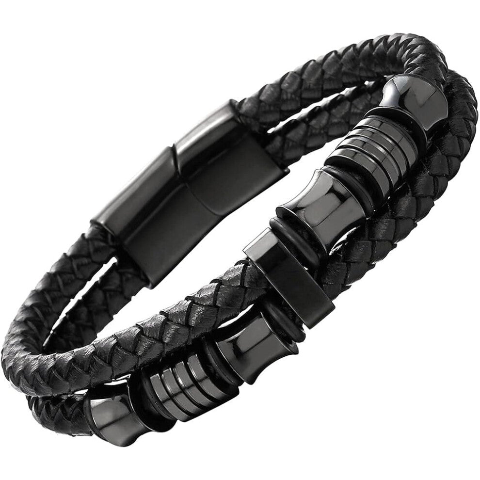Men's Double Row Black Braided Leather Bracelet Bracelet Wrist Strap Black Stainless Steel Charm