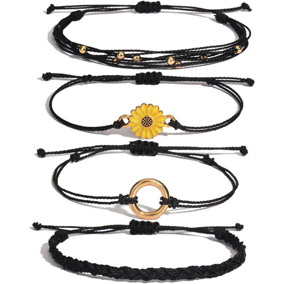 Sunflower Rope Bracelet Hand Braided Rope Charm Boho Surf Bracelet for Teen Girls Adolescent Women (Black)