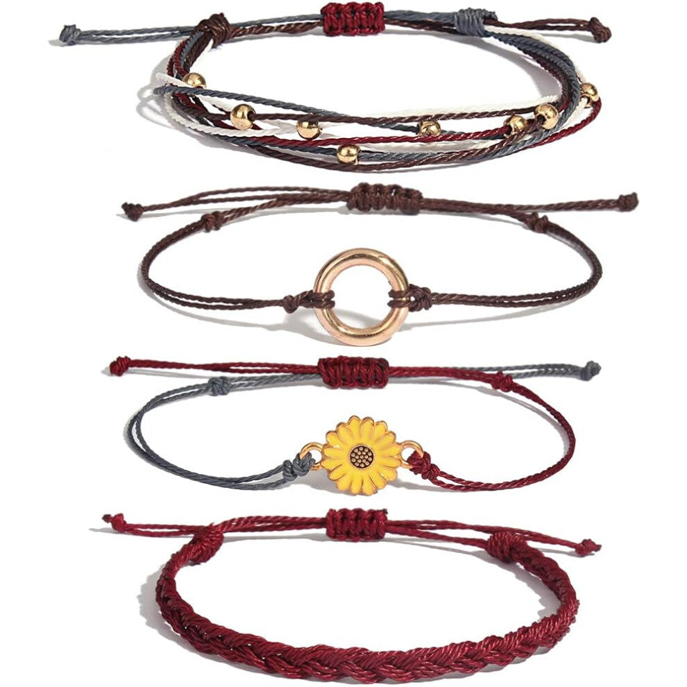 Sunflower Rope Bracelet Hand Braided Rope Charm Boho Surf Bracelet for Teen Girls Adolescent Women (Red)