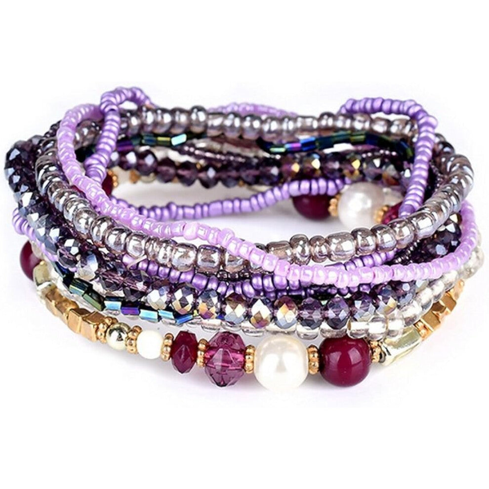 Ladies Stackable Beaded Bracelet Girls Boho Layered Strand Statement Jewelry (Purple)