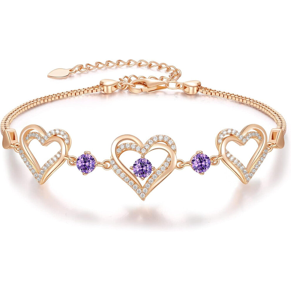 Forever Love Heart Bracelet in Sterling Silver with Birthstone Zirconia, Birthday Jewelry Gifts for Girls Gifts for Women (Purple)