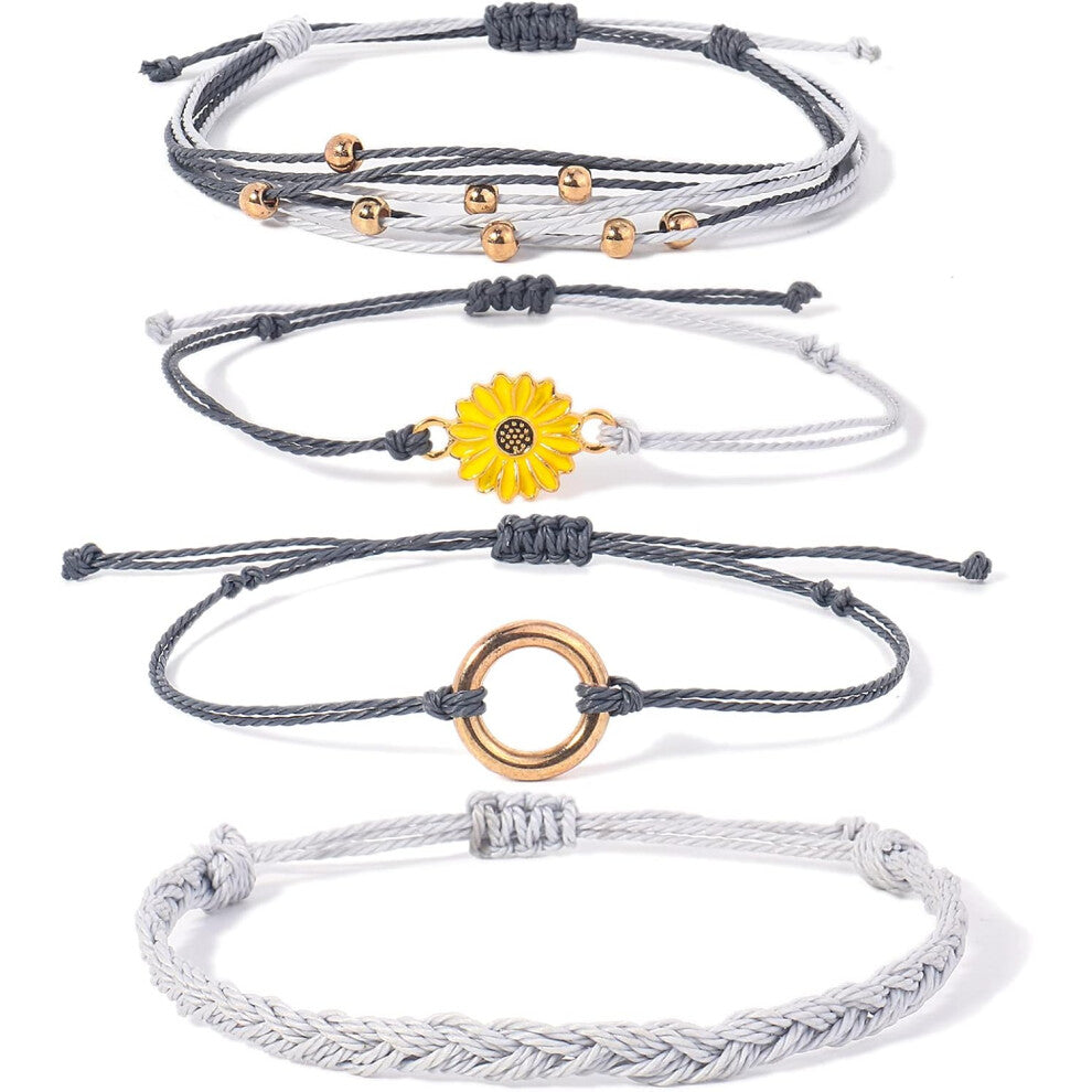 Sunflower Rope Bracelet Hand Braided Rope Charm Boho Surf Bracelet for Teen Girls Adolescent Women (Grey)