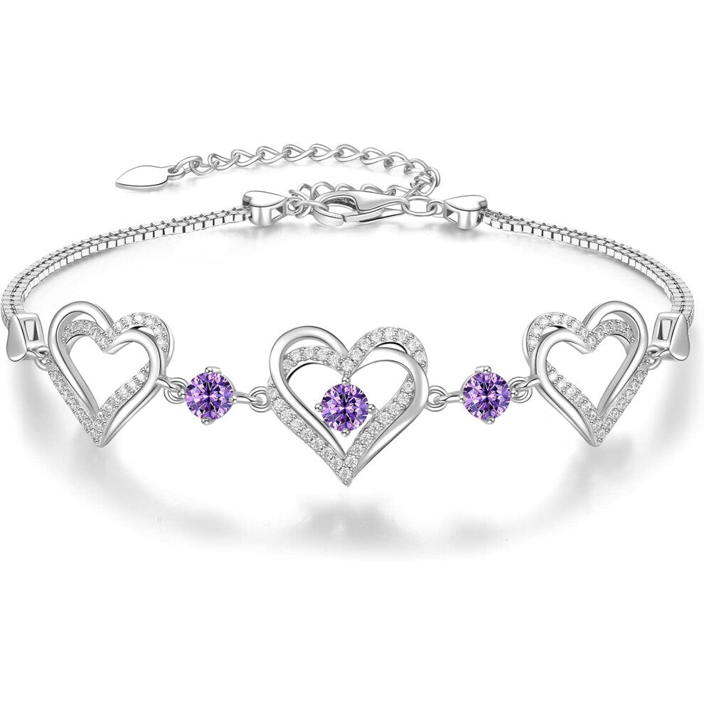 Forever Love Heart Bracelet in Sterling Silver with Birthstone Zirconia, Birthday Jewelry Gifts for Girls Gifts for Women (Silver Purple)