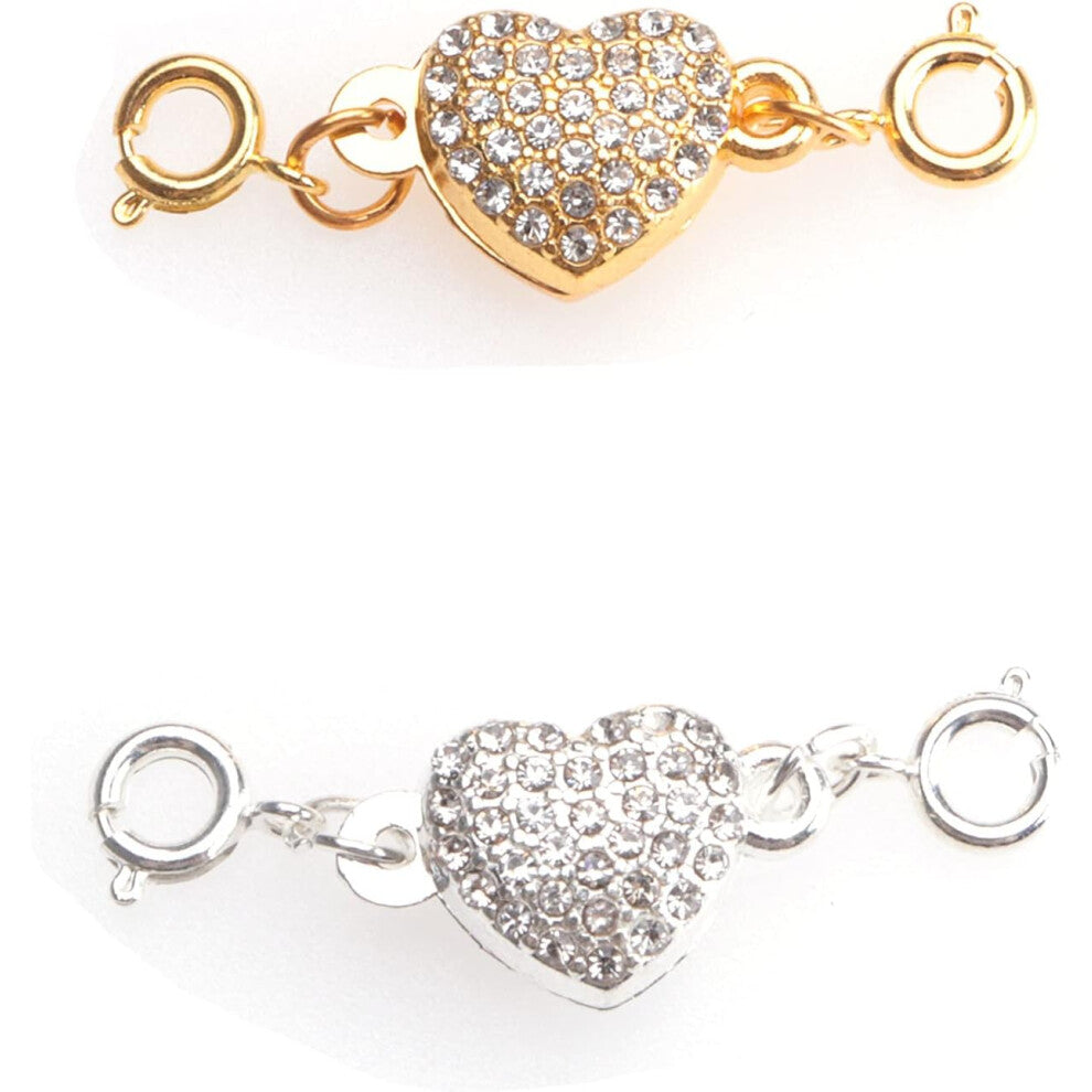 2-piece locking magnet buckle heart shaped diamond chain extender closed connector necklace bracelet for women (silver and gold).