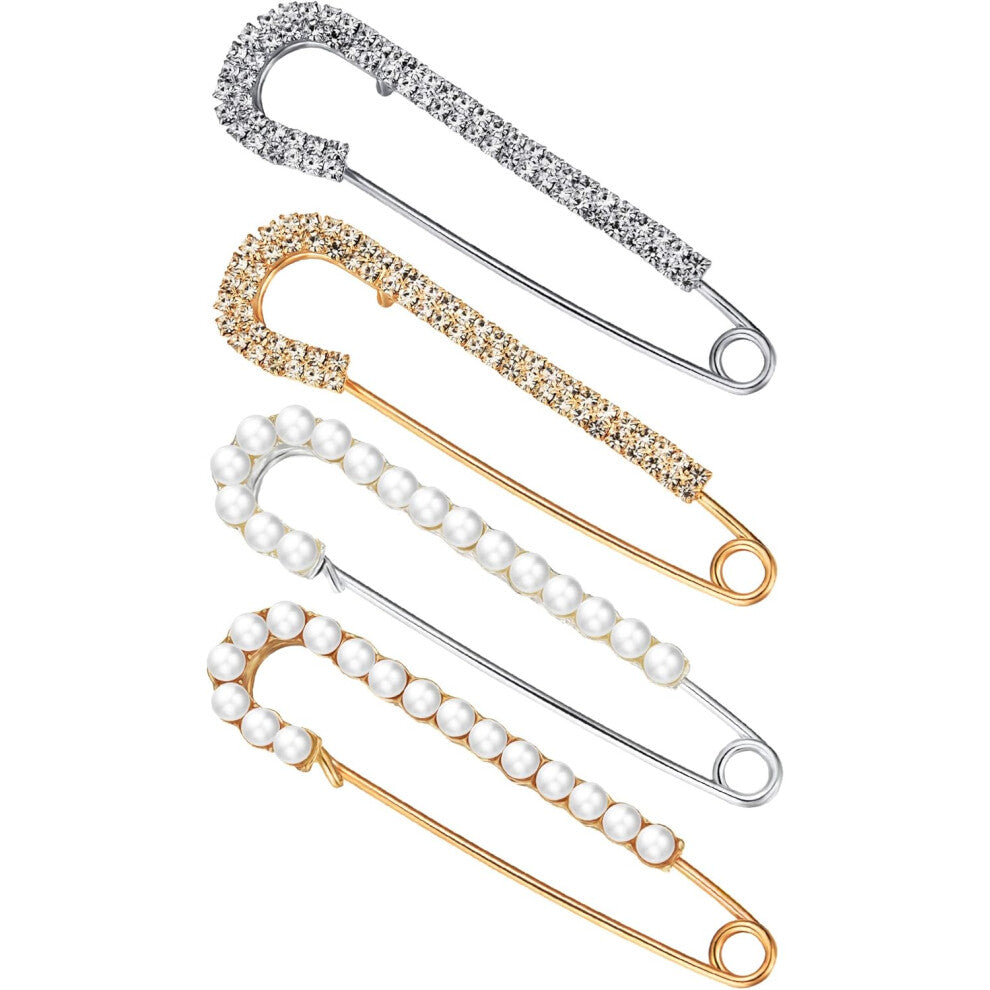 2 Styles, Gold, Silver Women's Brooches Shawl Sweater Clips Faux Crystal and Pearl Brooches, Safety Pins Clips for Shirts Dresses