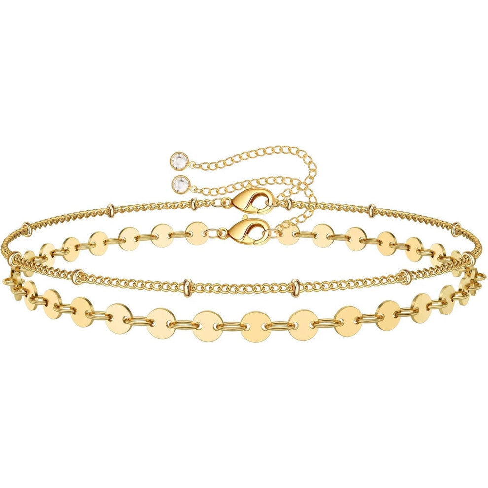 Women's Delicate Gold Bracelet, 14K Gold Filled Adjustable Layered Bracelet Cute Evil Eye Oval Chain Pearl Strip Turtle Gold Bracelet Women's Jewelry