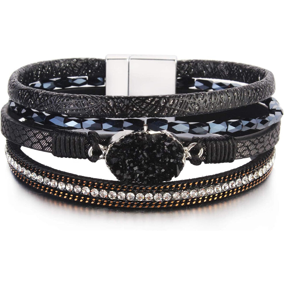 Leather Wrap Bracelet Boho Cuff Bracelet for Women Crystal Bead Bracelet with Magnetic Buckle (Black)