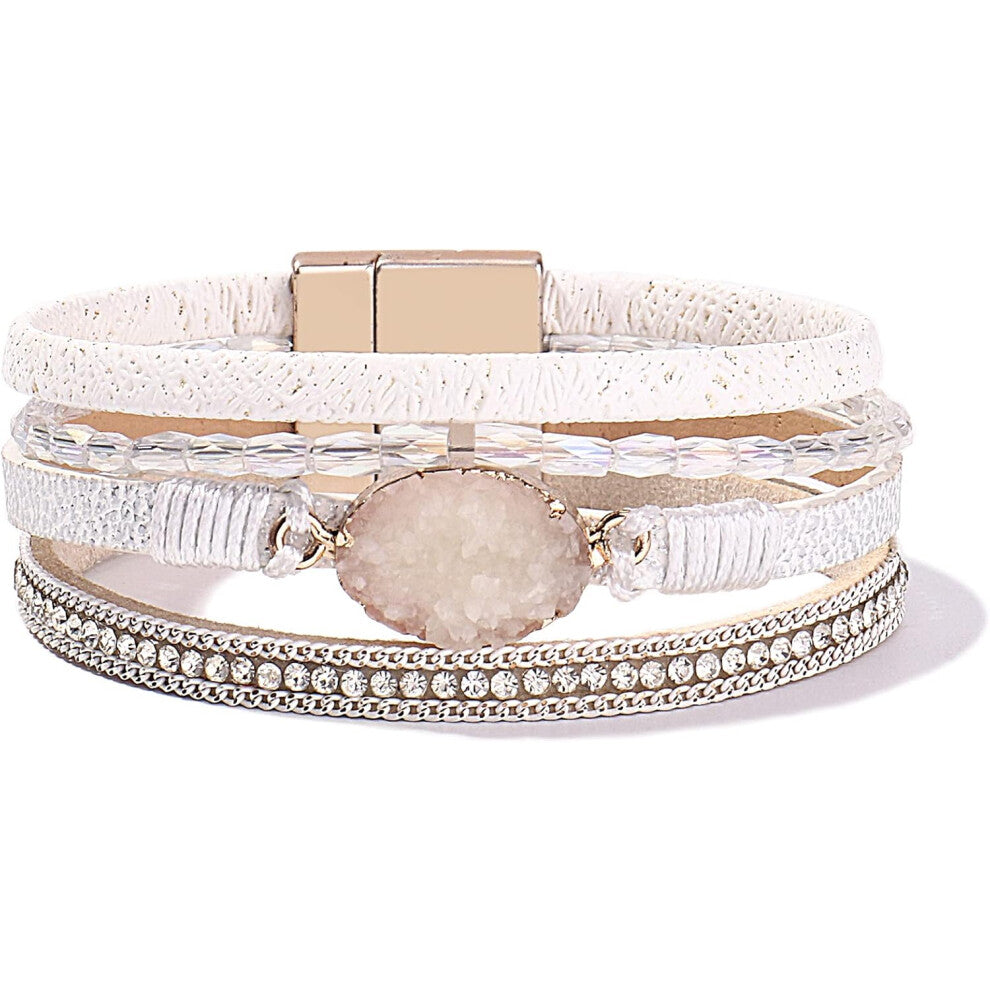 Leather Wrapped Bracelet Boho Cuff Bracelet for Women Crystal Bead Bracelet with Magnetic Buckle (White)