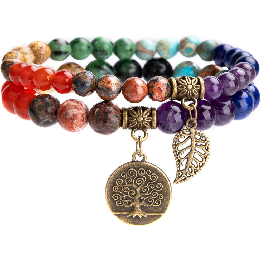 Women's Natural Semi-Precious Bead Bracelet - Tree of Life and Leaf Charm Energy Healing Reiki Crystal Stretch Bracelet