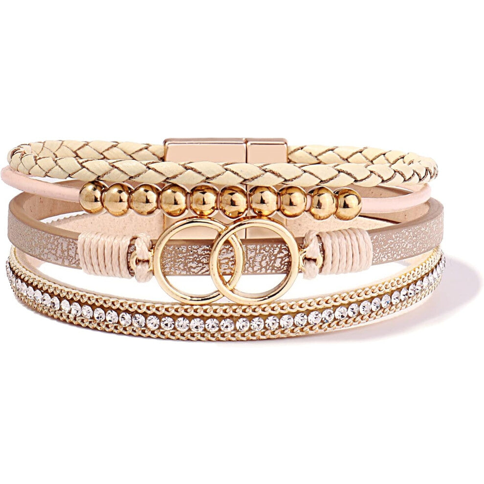 Boho Wrap Bracelet Leather Cuff Bracelet Beaded Bracelet Ladies Stackable Infinity Bracelet Jewelry with Magnetic Buckle (Beige)