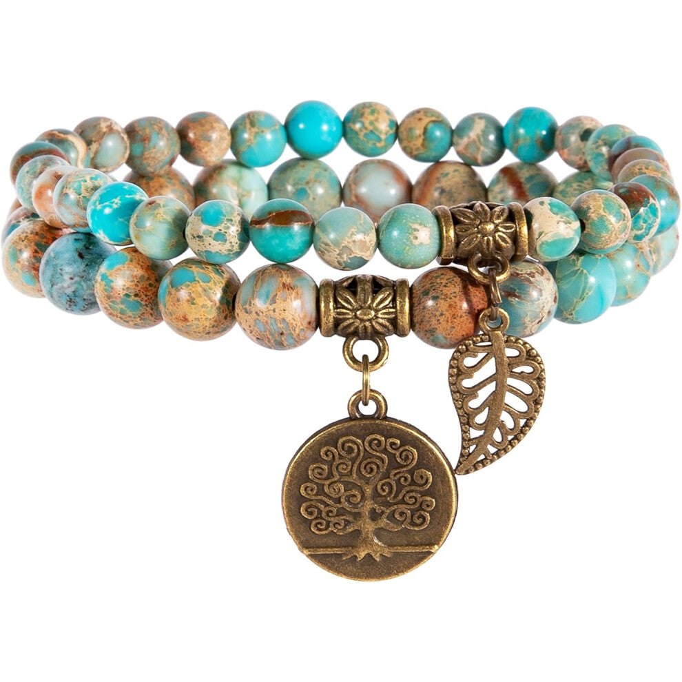 Women's Natural Semi-Precious Bead Bracelet - Tree of Life and Leaf Charm Energy Healing Reiki Crystal Stretch Bracelet (Light Blue)