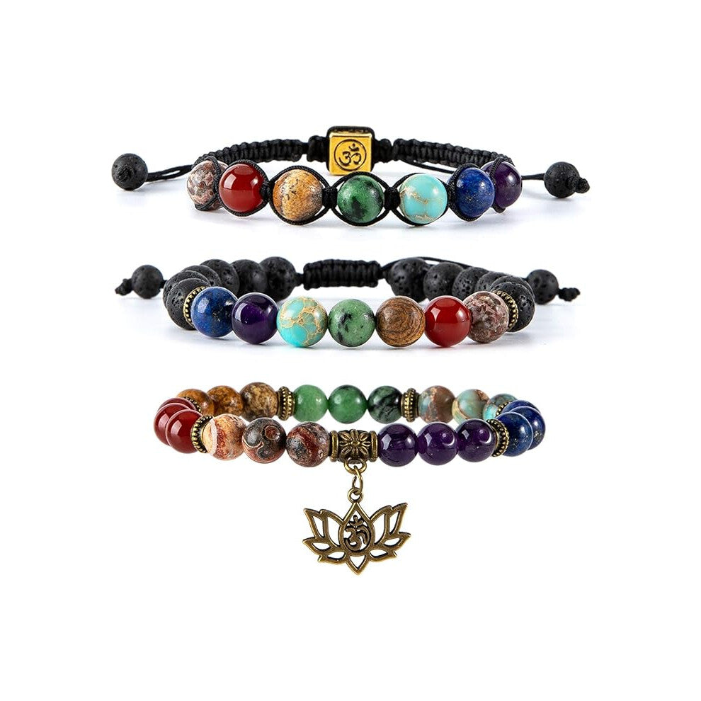 3 piece beaded bracelet set, colorful volcanic stone beaded bracelet, elastic agate bracelet