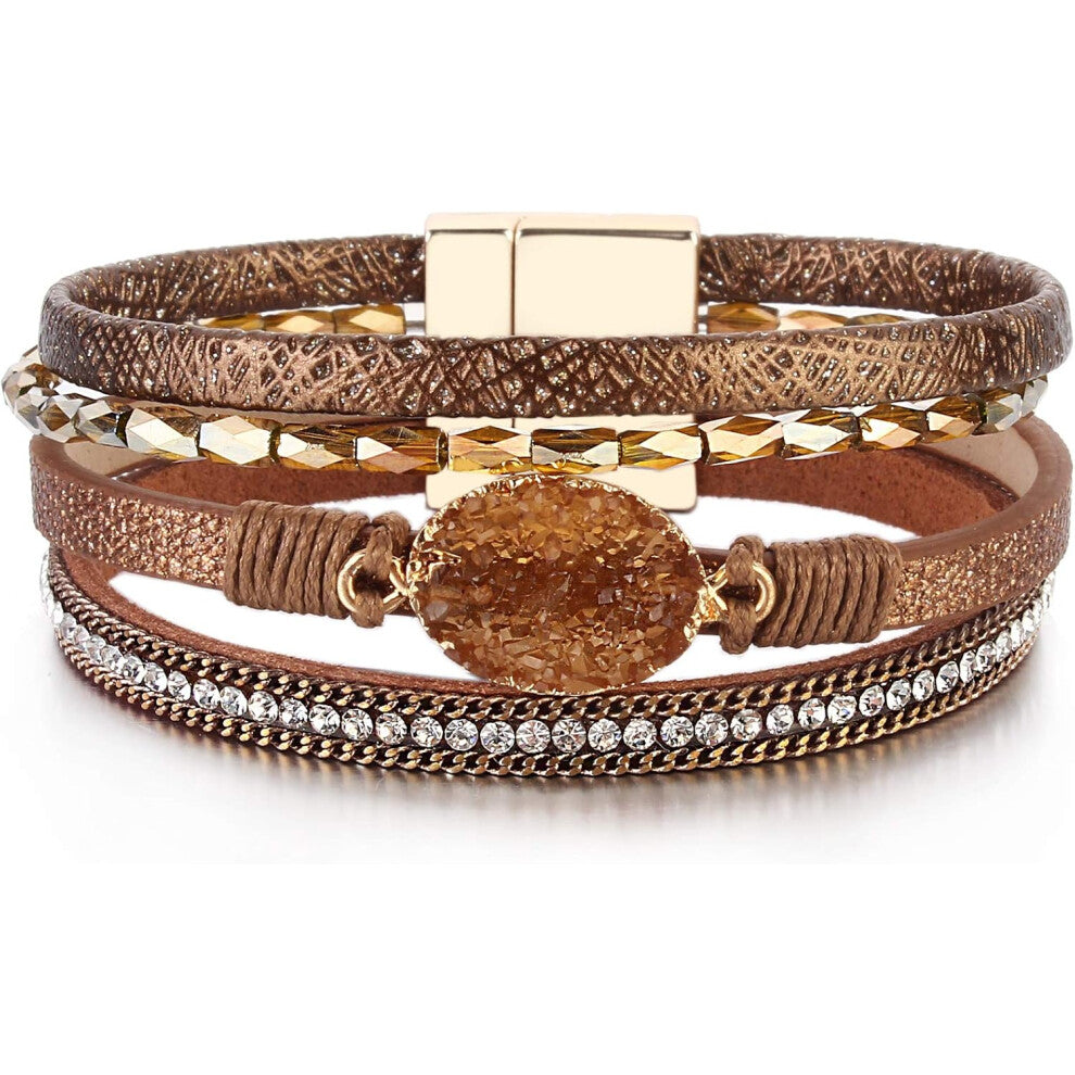 Leather Wrapped Bracelet Boho Cuff Bracelet Women's Crystal Bead Bracelet with Magnetic Buckle (Brown)