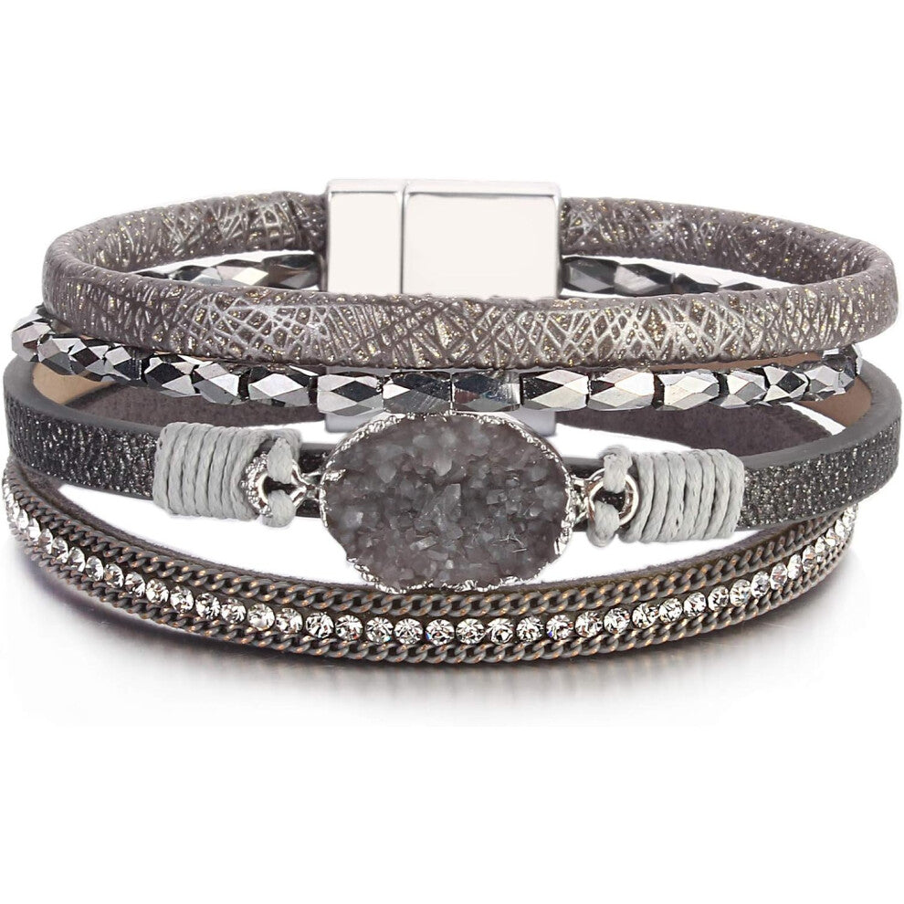 Leather Wrap Bracelet Boho Cuff Bracelet Women's Crystal Bead Bracelet with Magnetic Buckle (Grey)