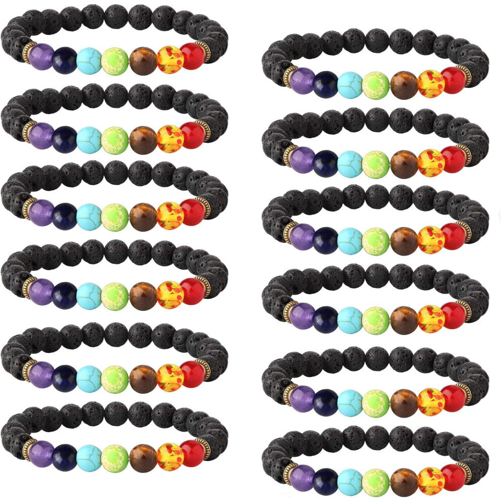 Bracelet en Pierre de Lave 12PCS Chakras Perle Bracelet en Pierre Naturelle Huile Diffuseur Bracelet