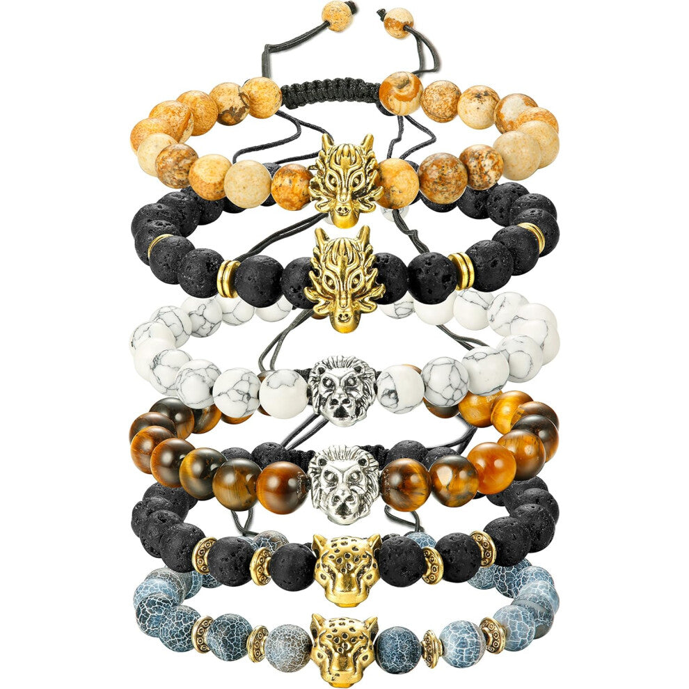 6-Pack Men's Bead Bracelet Set Dragon-Lion-Panther Charm Lava Rock Natural Stone Bracelet, 8mm