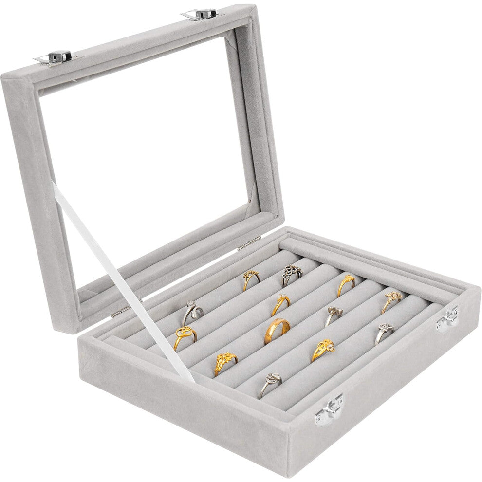 Gray Glass Ring Storage Box with 7 Sections - Box for Ring, Cufflinks and Earrings