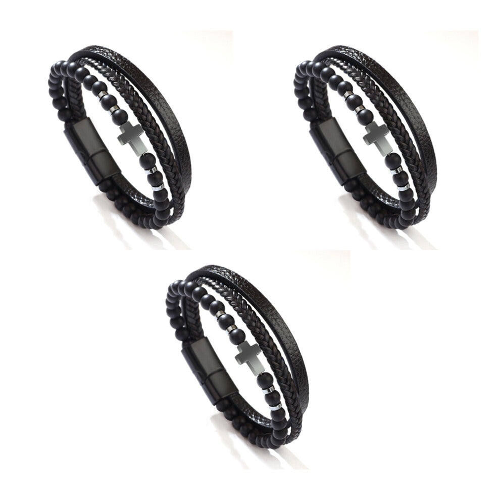 3 Obsidian cross baptism gift hanging men's bracelet scented stone, real stainless steel leather bracelet, jewelry gifts for men