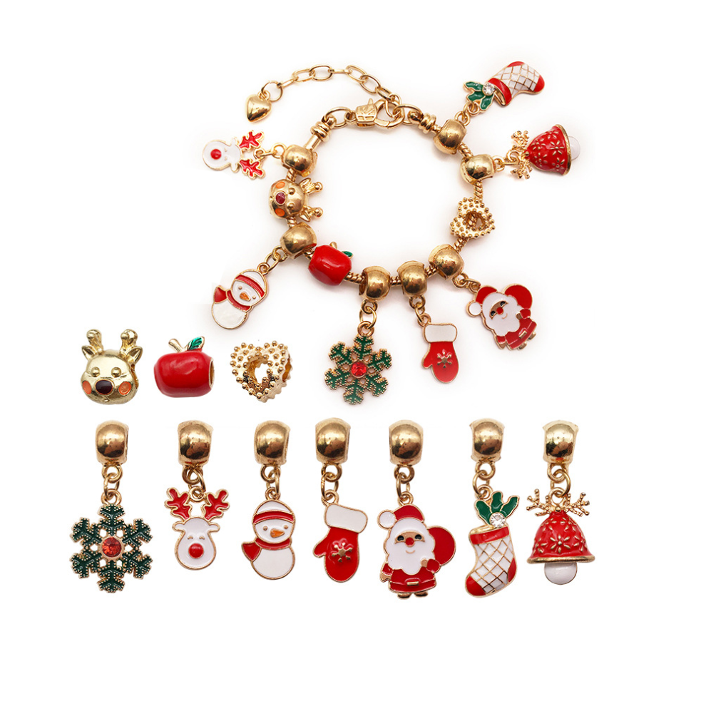 Christmas Children's Bracelet Set Handmade DIY Large Hole Beaded Strings(Gold Apple version)