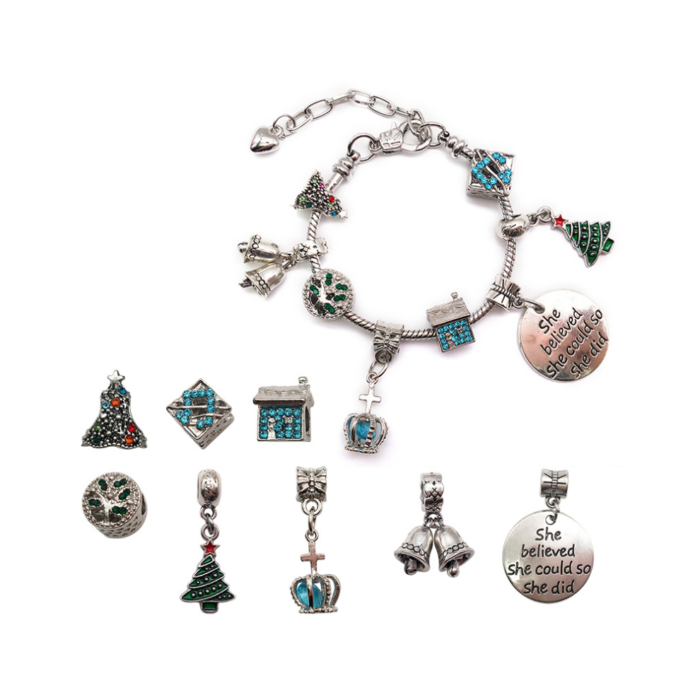 Christmas Children's Bracelet Set Handmade DIY Large Hole Beaded Strings(Silver Crown Model)