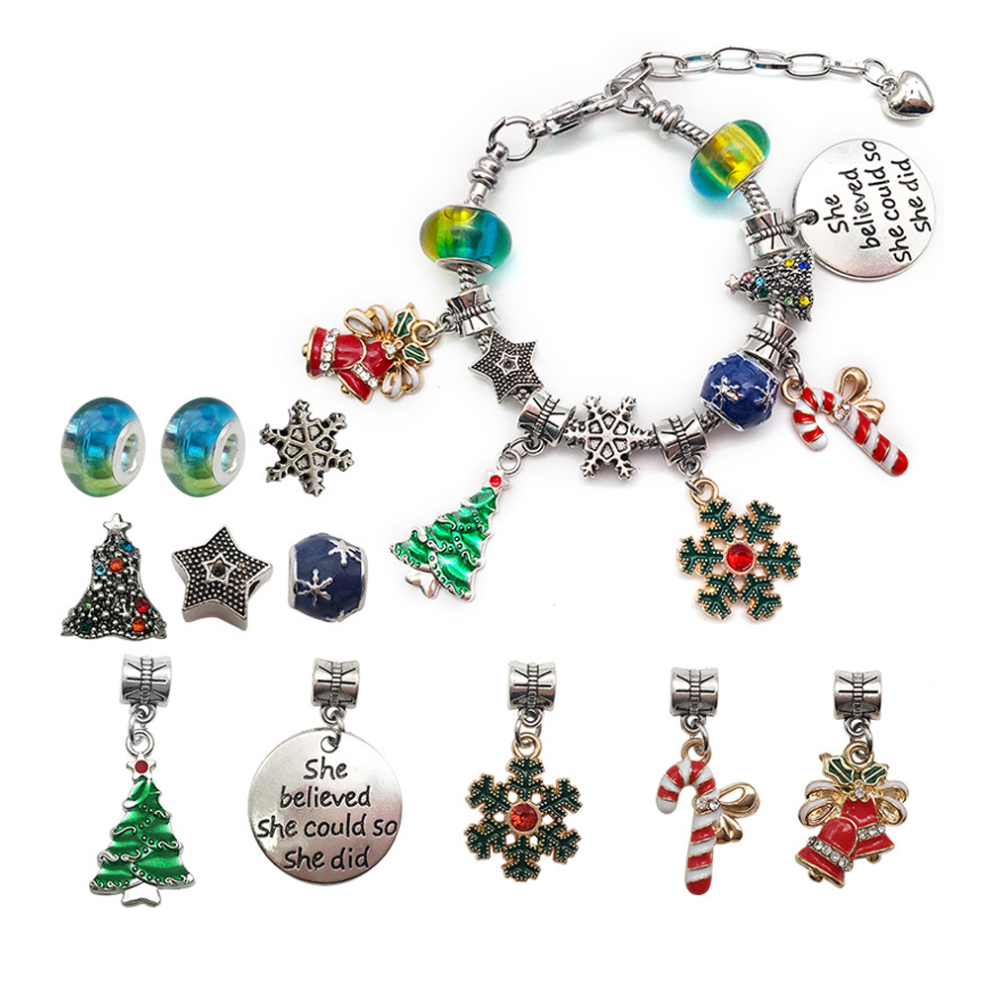 Christmas Children's Bracelet Set Handmade DIY Large Hole Beaded Strings(Silver Snowflake version)