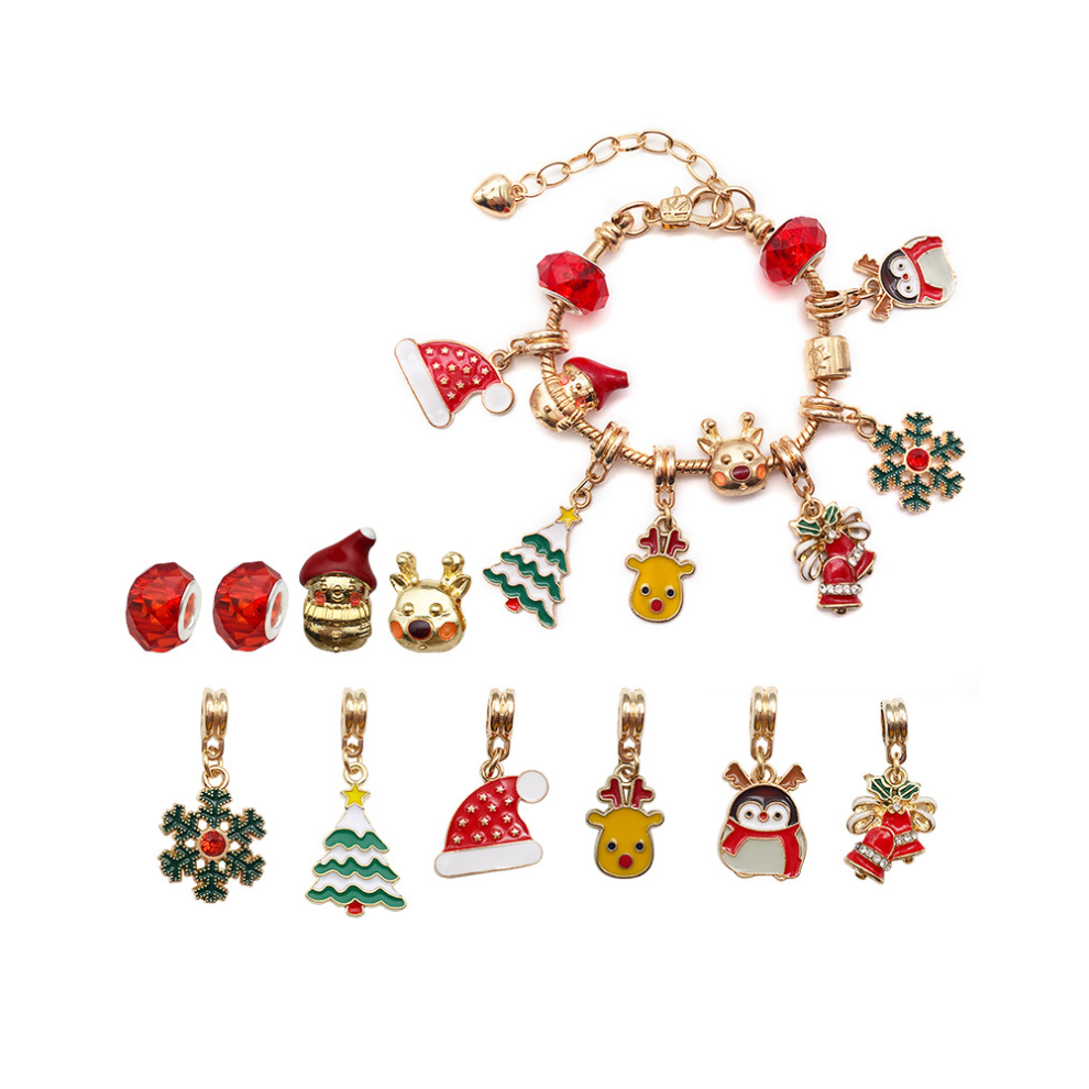 Christmas Children's Bracelet Set Handmade DIY Large Hole Beaded Strings(Gold Penguin version)