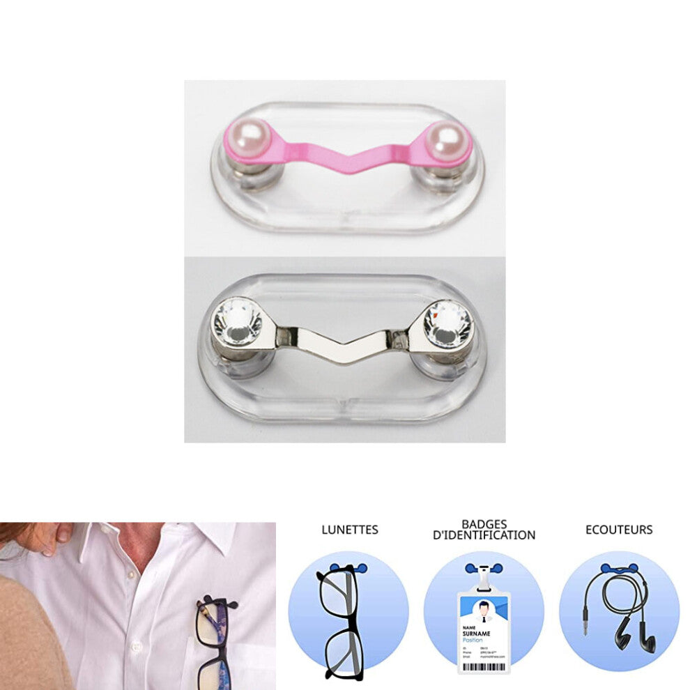 2PCS (Pearl Foundation, White Diamond) Magnetic Glasses Holders,Magnet Glasses Clip Magnetic Absorption Nagong Brand Brooch Magnet Glasses Holder