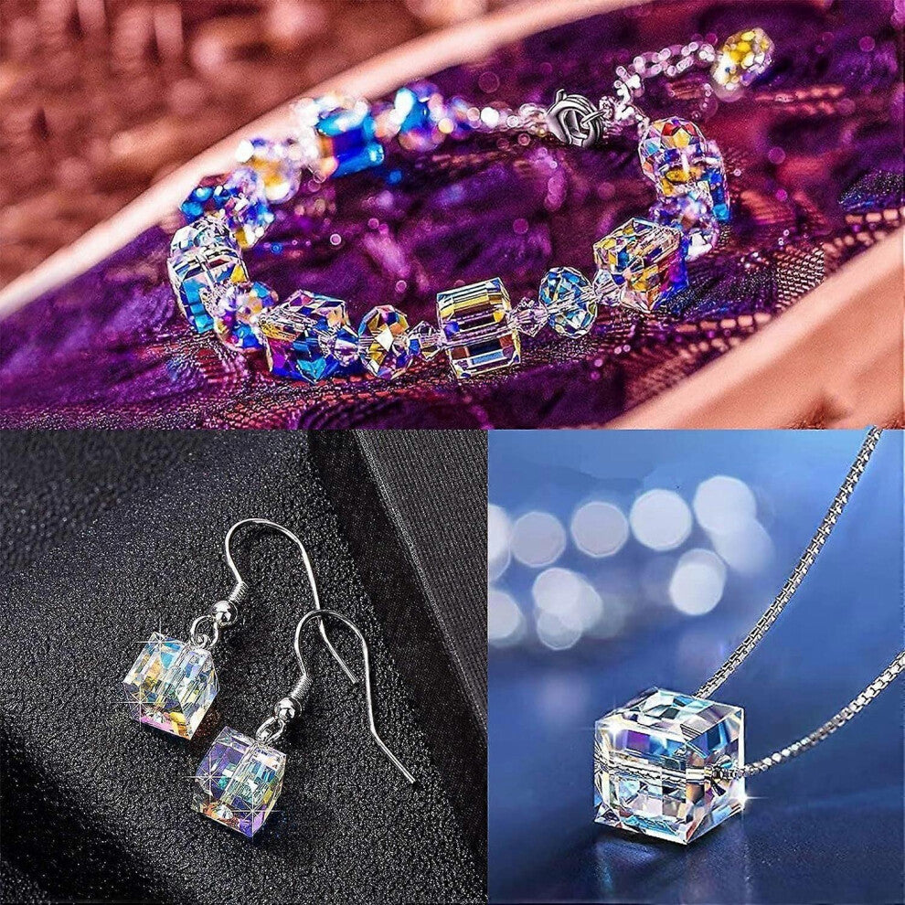 (As show, One size) Crystal Jewelry Sets for Women, Austrians Sugar Cube Crystal Necklace Bracelet Pendant Earrings 3-Piece Set for Date, Party, Weddi