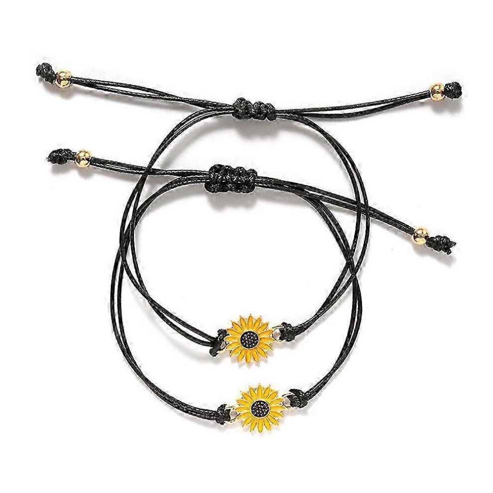 (As show, One size) 2pcs Fashion Sunflower Wish Bracelet Adjustable Braided Bracelet Summer Alloy
