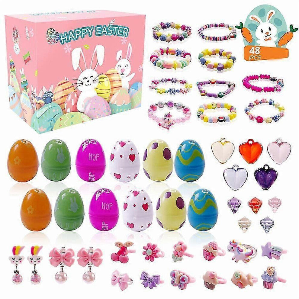 (As show, One size) Easter Eggs Prefilled with Bracelets Rings Earrings Jewelry for Easter Basket Stuffer Kids Girls Toys Gift