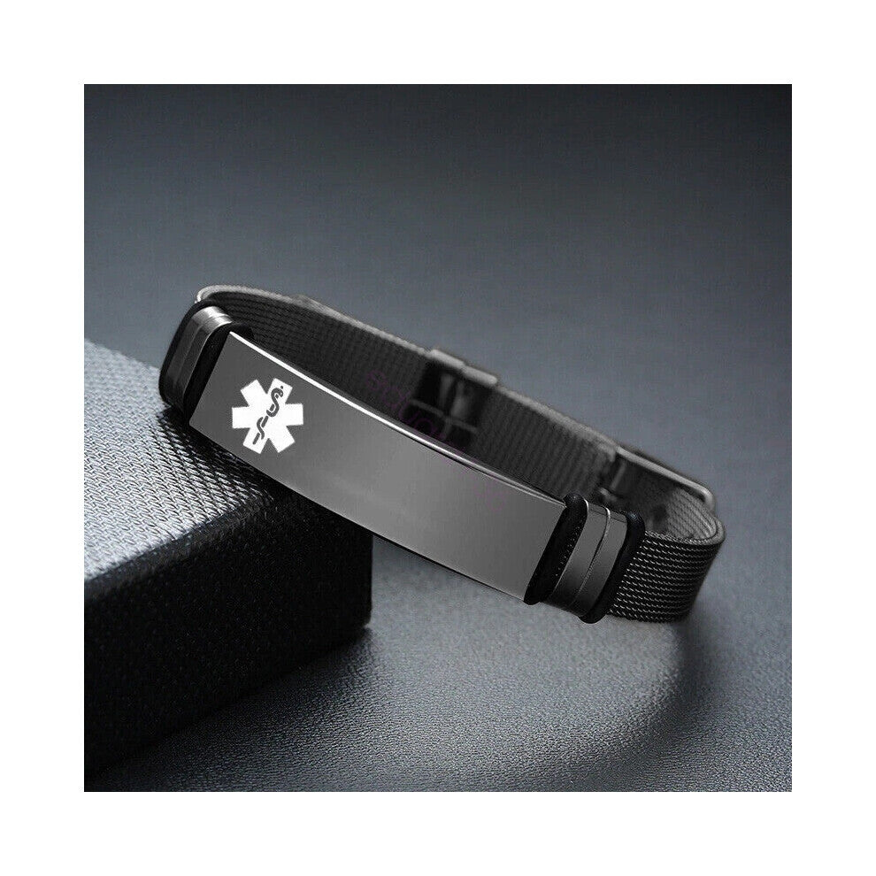 (TYPE 1 DIABETES) Medical Alert Bracelet Wristband Diabetes Epilepsy Stainless Steel Bangle Black Hot