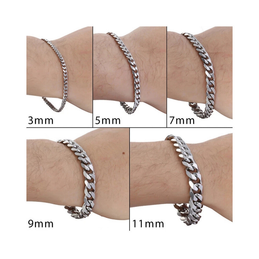 (11MM*18CM) 3-5-7-9-11mm Stainless Steel Silver Chain Curb Women Men Bangle Bracelet 18-25cm New