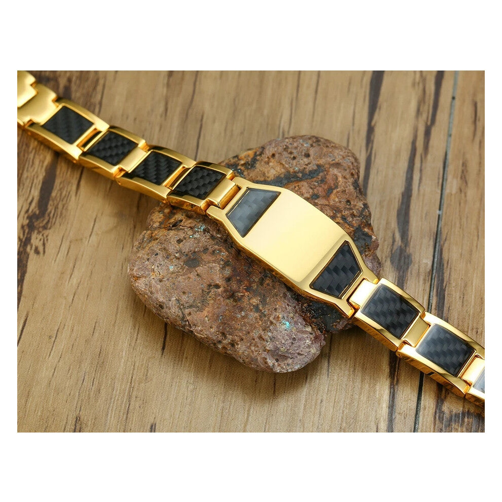 (Gold) Men's Stainless Steel Carbon Fiber Magnetic Bracelet Chain Free Engraving