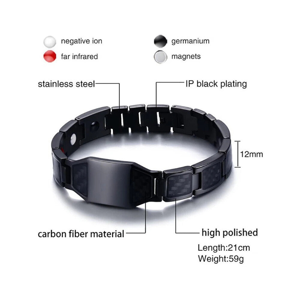 (Black) Men's Stainless Steel Carbon Fiber Magnetic Bracelet Chain Free Engraving New
