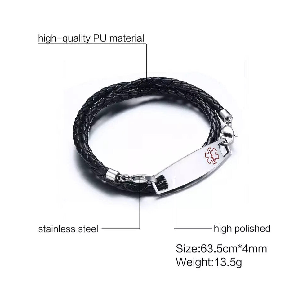 (No Engraving) Medical Alert ID Tag Black Braided Leather Bracelet Personalized Engraving