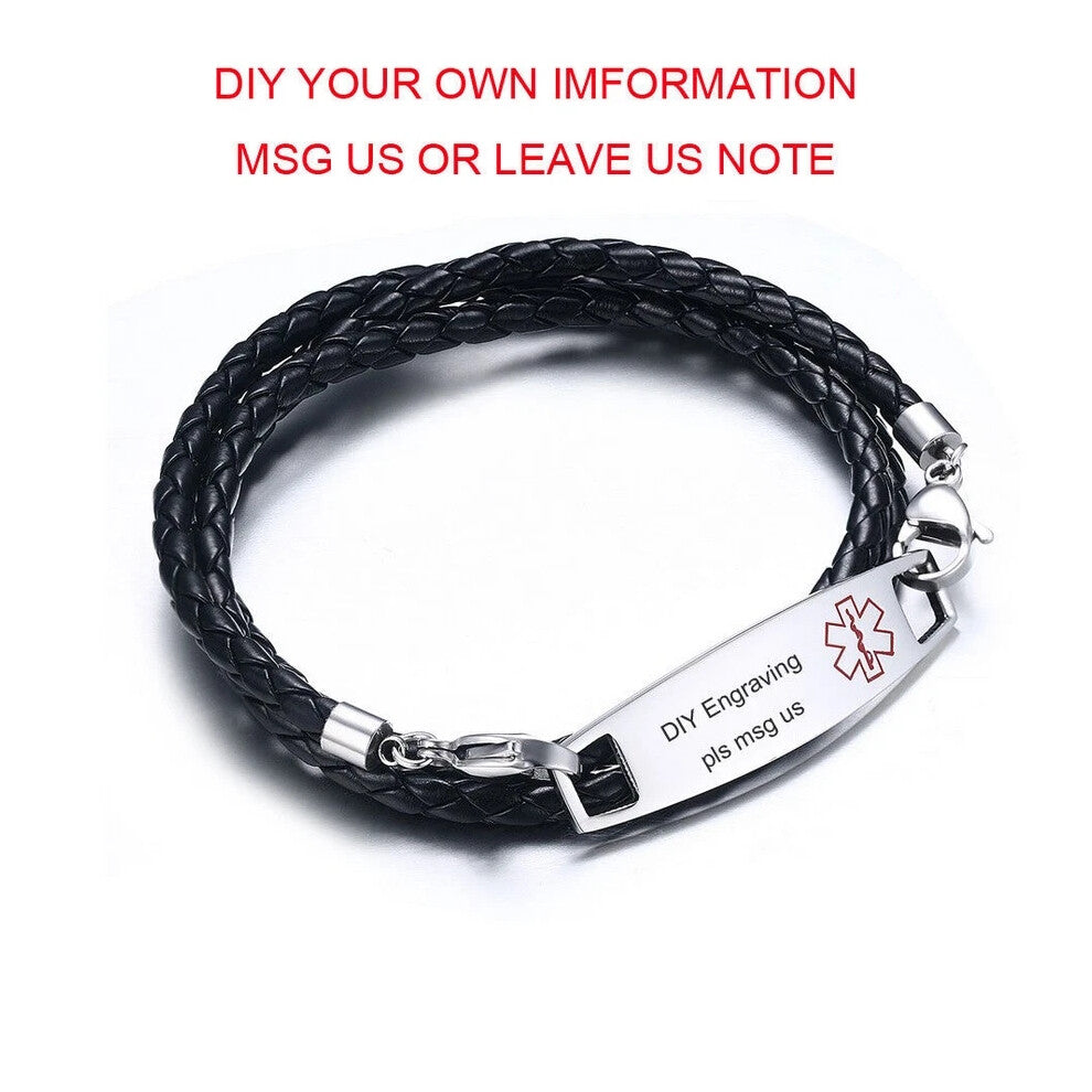 (COUMADIN) Medical Alert ID Tag Black Braided Leather Bracelet Personalized Engraving Hot