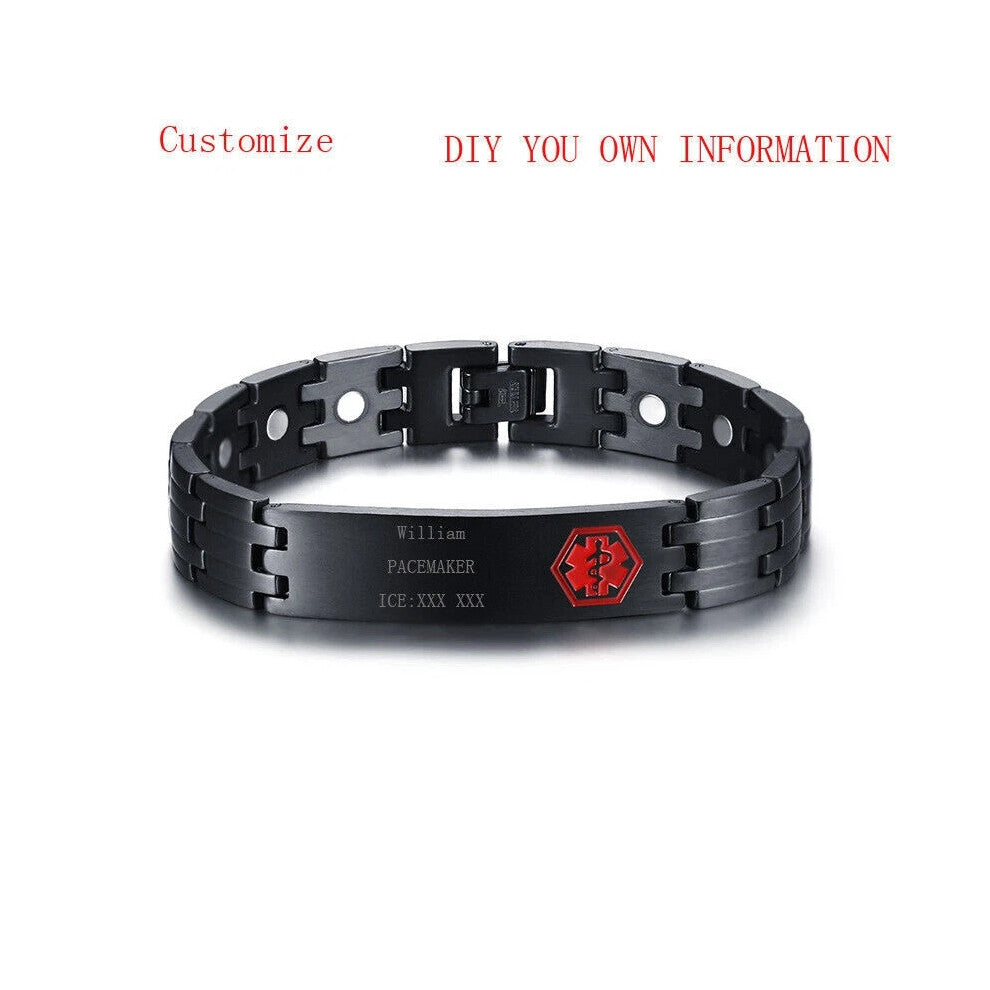 (Customer Engraving(message to us )) Magnetic Health Medical Alert ID Men Bracelet Engrave Stainless Steel Black