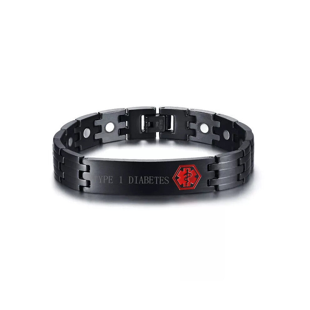 (TYPE 1 DIABETES) Magnetic Health Medical Alert ID Men Bracelet Engrave Stainless Steel Black