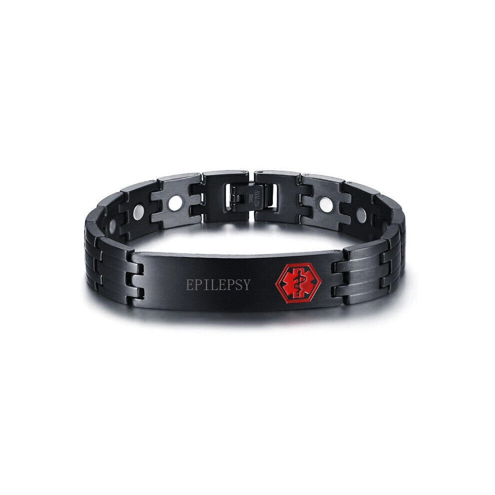 (EPILEPSY) Magnetic Health Medical Alert ID Men Bracelet Engrave Stainless Steel Black New