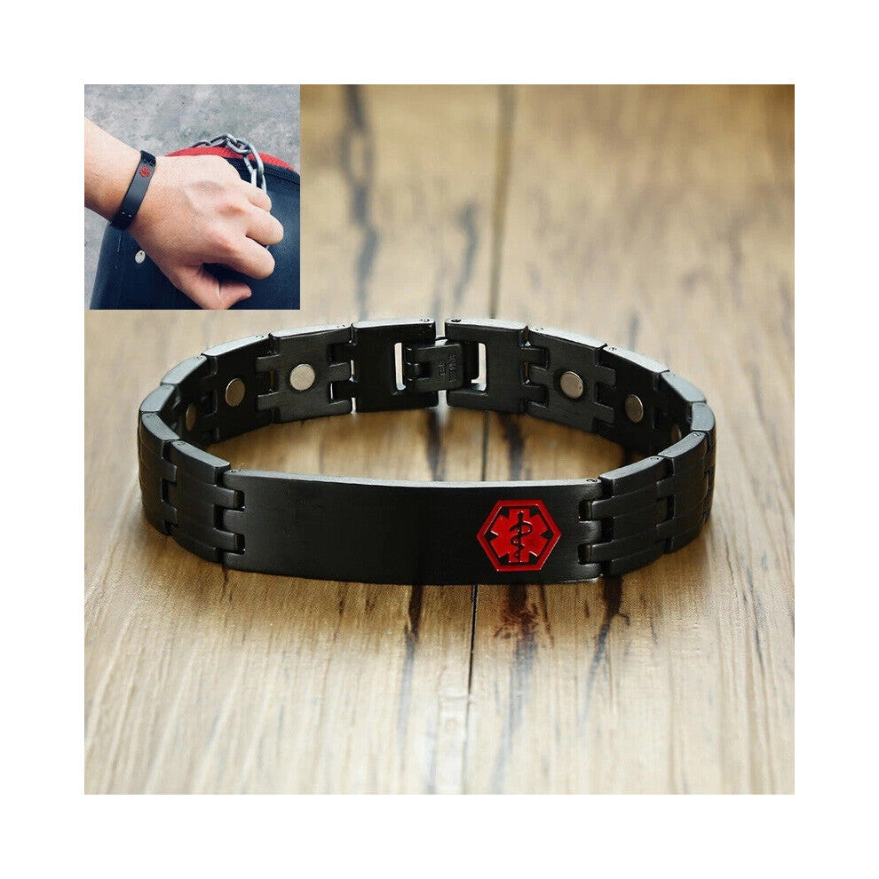 (Without Engraving) Magnetic Health Medical Alert ID Men Bracelet Engrave Stainless Steel Black Hot