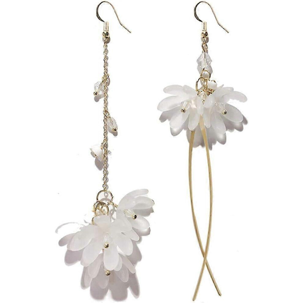 (As show, One size) Heyone Lightweight Boho Chic Crystal Acrylic Asymmetry Flower Drop Earrings White Long Dangle Petals Earrings for Women Wedding Je