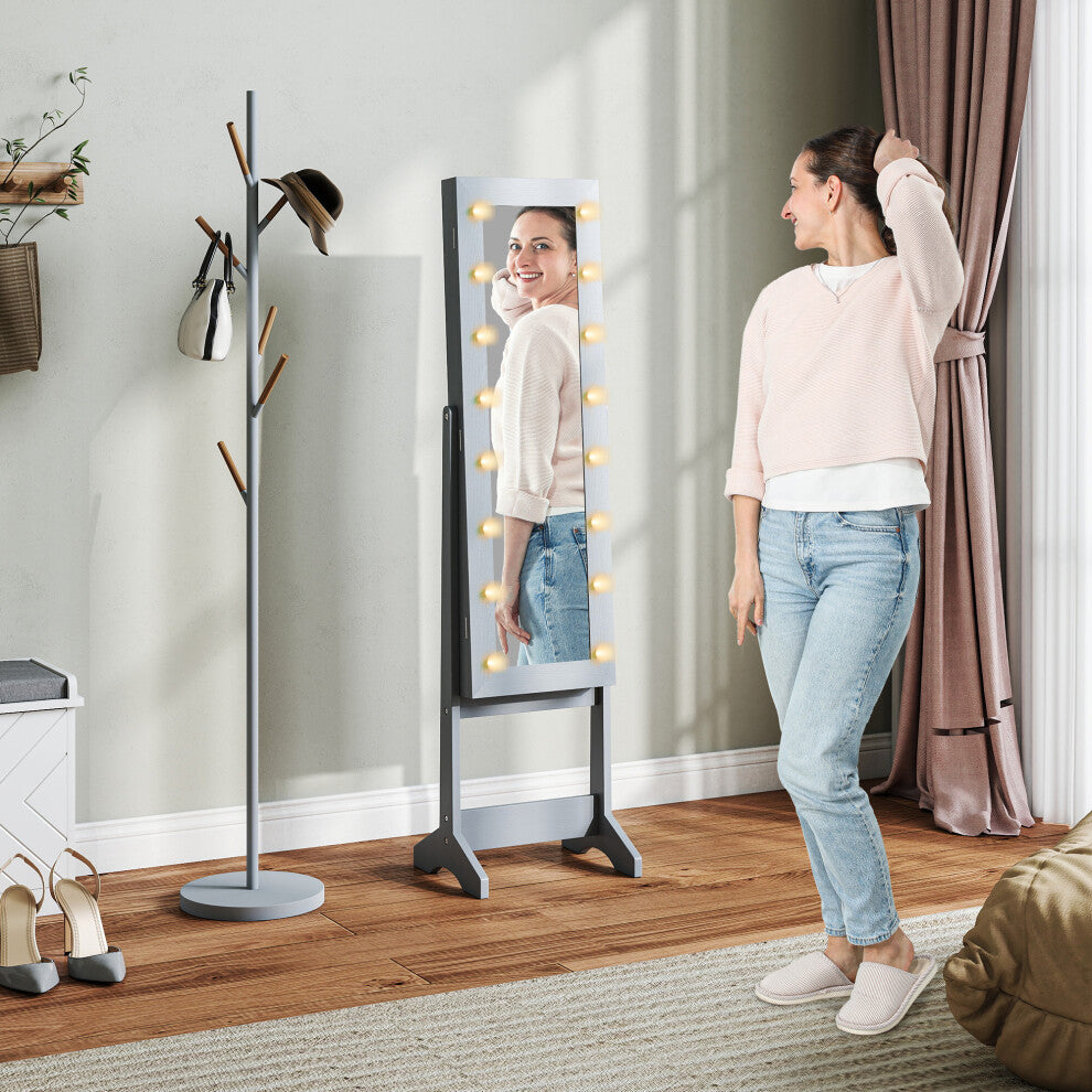 (Grey) HOMCOM Free Standing LED Mirrored Jewelry Cabinet
