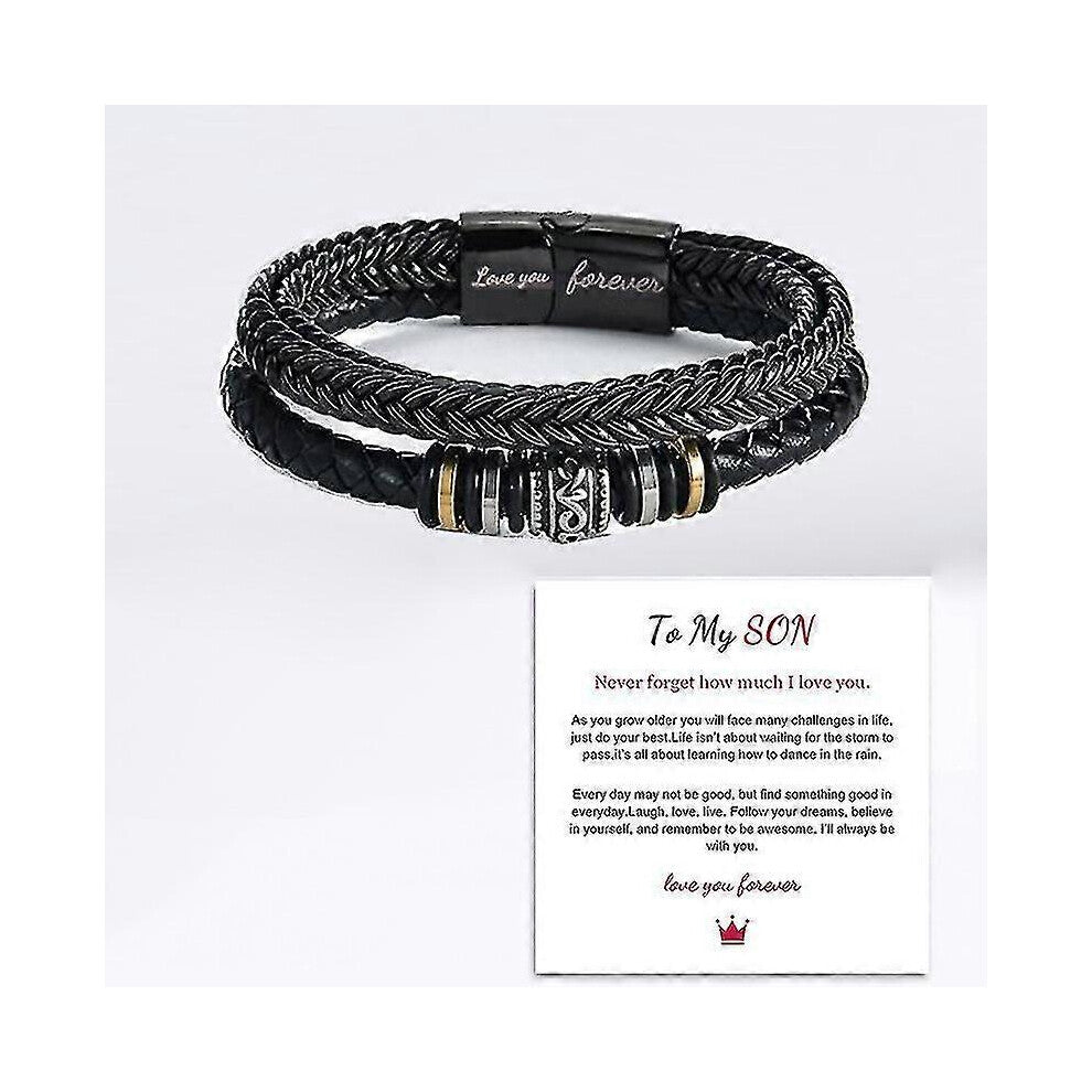 (As show, One size) To My Son Love You Forever Bracelet, Braided Leather Bracelet For Men, Stainless Steel Personalized Engraved Bracelet