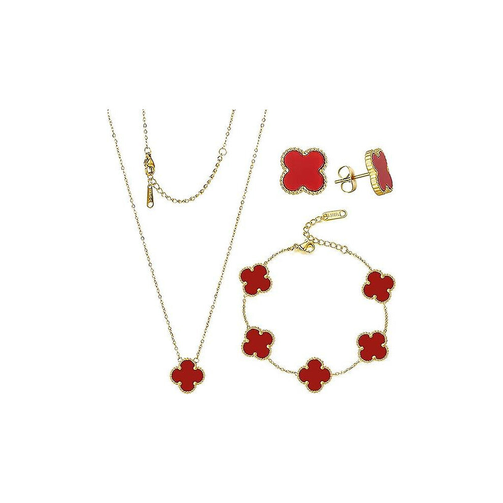 (As show, One size) Lucky Clover Sets Necklace Pendant Earrings Bracelet For Women Girls 20k Gold Plated Charm Cute Jewelry Womens Girls Gift