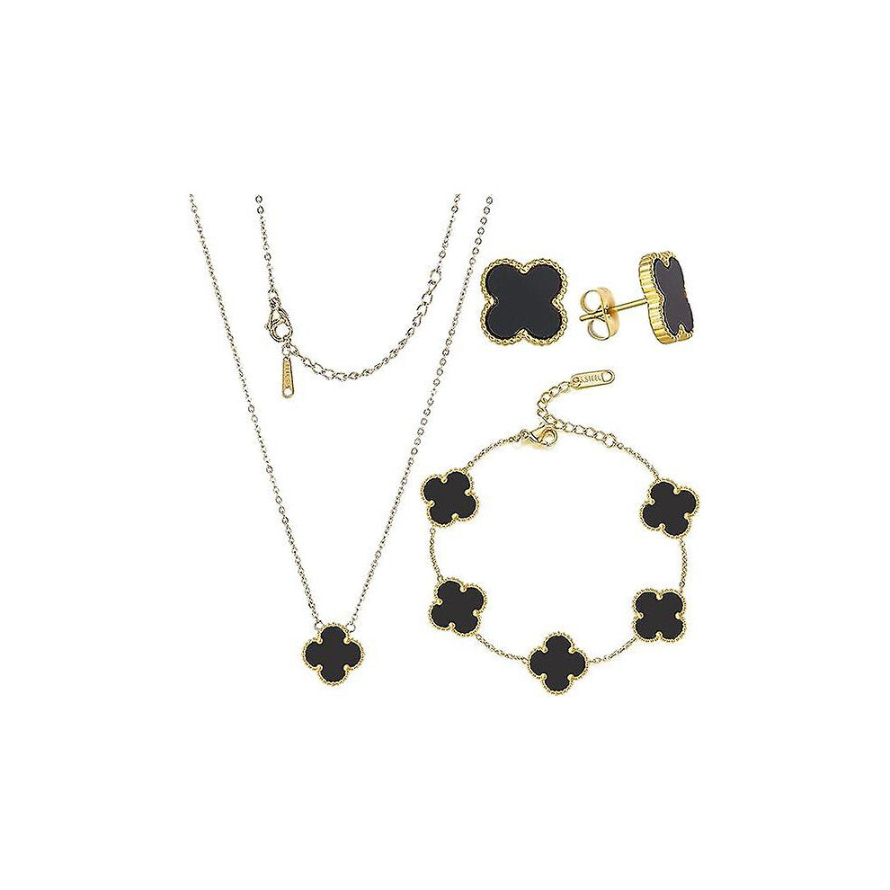 (As show, One size) Lucky Clover Sets Necklace Pendant Earrings Bracelet For Women Girls 19k Gold Plated Charm Cute Jewelry Womens Girls Gift