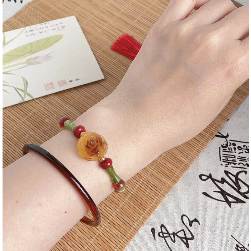 (Rose Bead Bracelet) Resin Lotus Lightweight Bracelet With Bamboo Motifs Perfect For Chic A Look